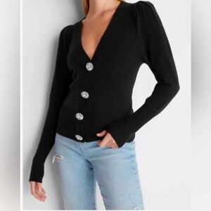 Express black Sweater with rhinestone buttons and puffed sleeves